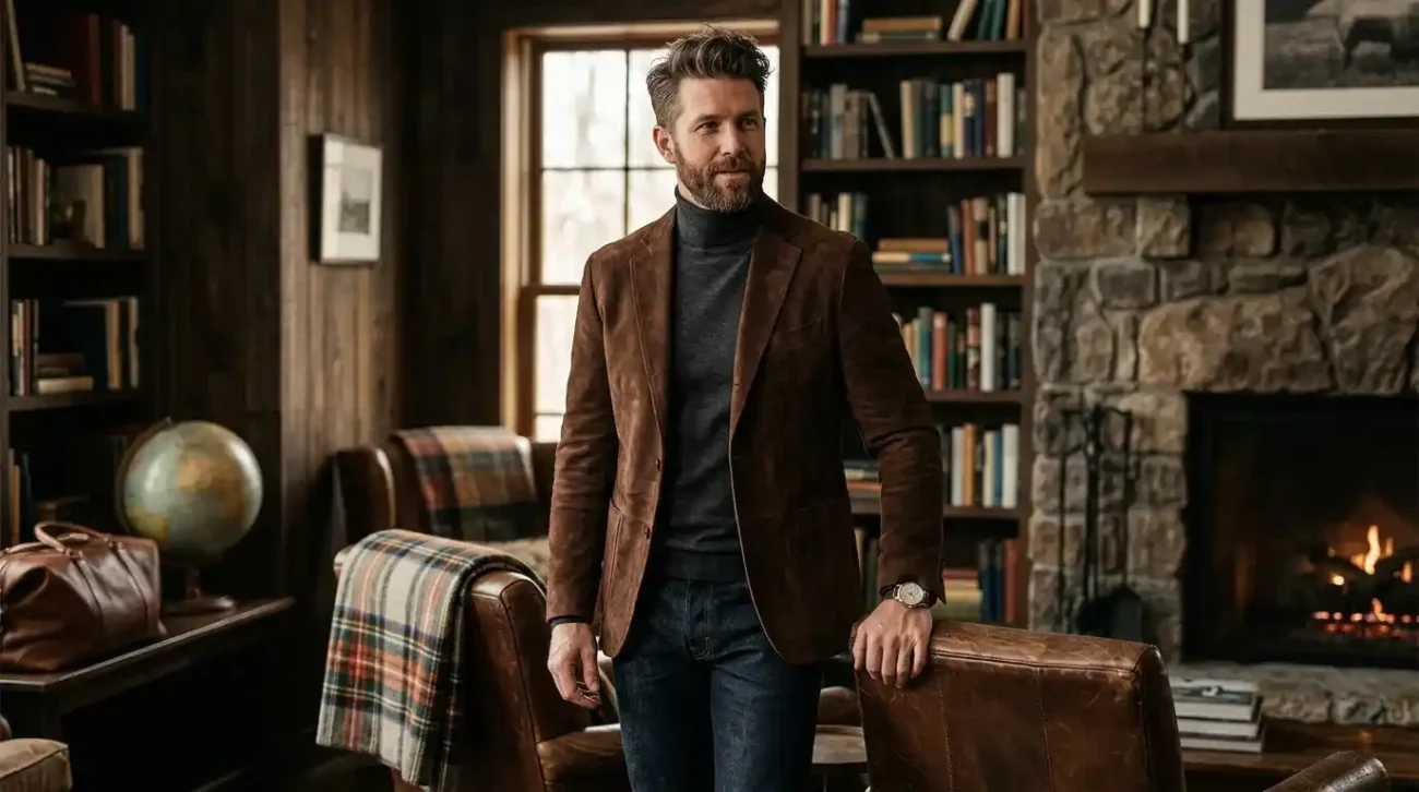 A man modeling a premium brown suede blazer jacket layered over a charcoal grey turtleneck sweater in a rustic, cozy study with a fireplace.