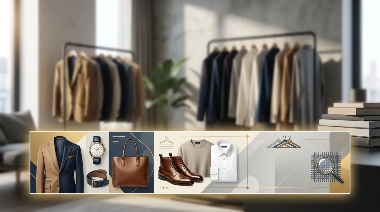 A horizontal infographic banner displaying key men's wardrobe essentials including a tailored blazer, a watch, a leather tote bag, leather boots, a knit sweater, and a white dress shirt, set against a blurred background of minimalist clothing racks.