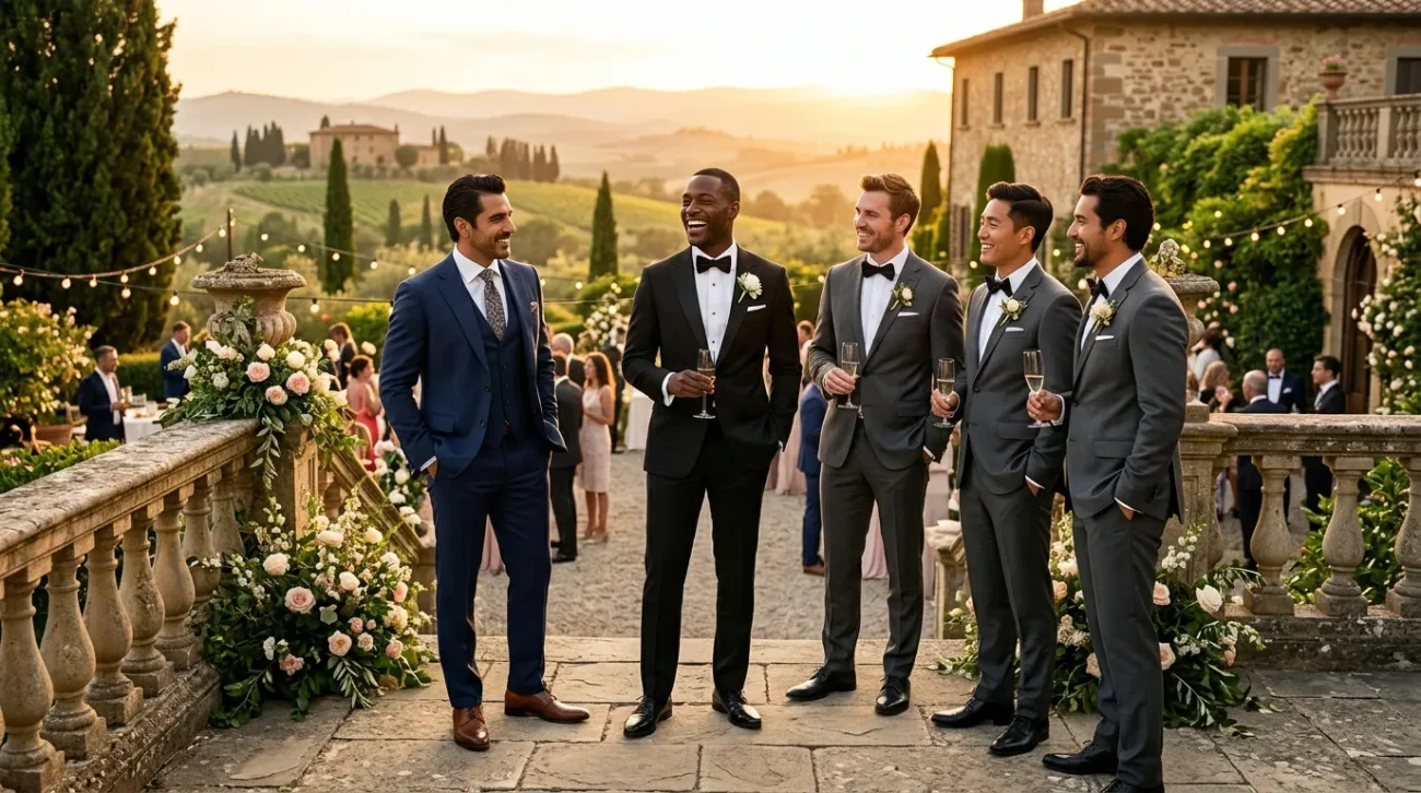 A group of men wearing stylish wedding suits, including a classic black tuxedo, a navy blue three-piece suit, and grey groomsmen suits, posing at an outdoor countryside wedding venue during sunset.