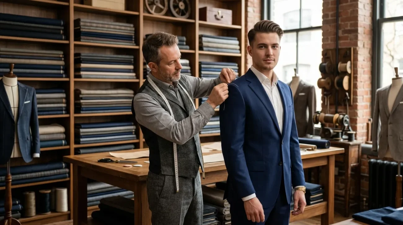 A professional tailor measuring and pinning the shoulder of a custom navy blue suit jacket on a young man standing inside a classic, rustic tailoring workshop americansuiting. 