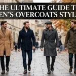 Banner for a men's outerwear guide showing four men walking down a European street modeling different overcoat styles including camel, navy pea coat, grey trench, and olive parka