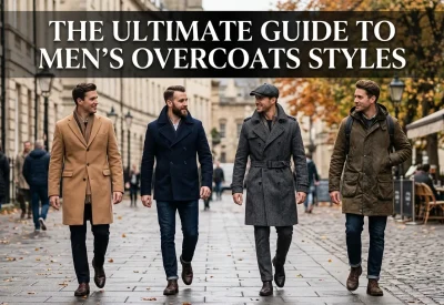 Banner for a men's outerwear guide showing four men walking down a European street modeling different overcoat styles including camel, navy pea coat, grey trench, and olive parka