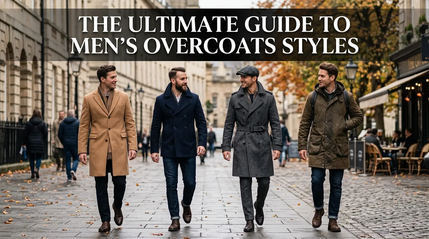 Banner for a men's outerwear guide showing four men walking down a European street modeling different overcoat styles including camel, navy pea coat, grey trench, and olive parka