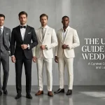 Five men showcasing diverse wedding dress codes including a tan summer suit, a grey three-piece suit, a black formal tuxedo, and ivory wedding suits against a concrete studio wall.