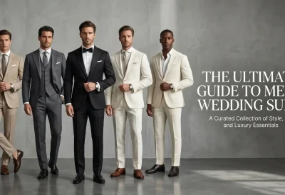 Five men showcasing diverse wedding dress codes including a tan summer suit, a grey three-piece suit, a black formal tuxedo, and ivory wedding suits against a concrete studio wall.