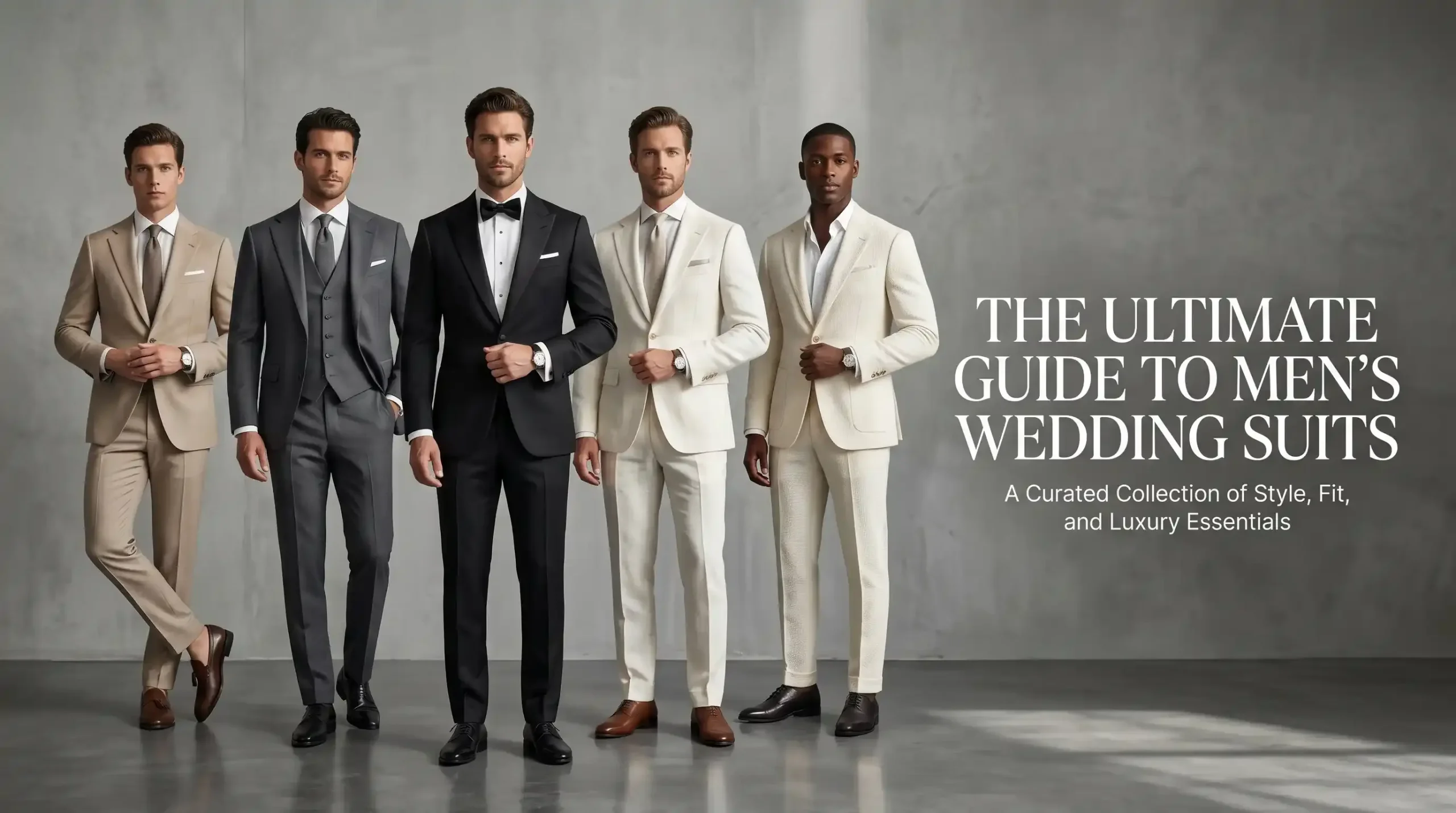 Five men showcasing diverse wedding dress codes including a tan summer suit, a grey three-piece suit, a black formal tuxedo, and ivory wedding suits against a concrete studio wall.