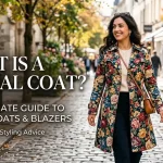 Banner for a floral outerwear guide featuring a woman walking down a European cobblestone street wearing a vibrant tapestry-style floral trench coat.