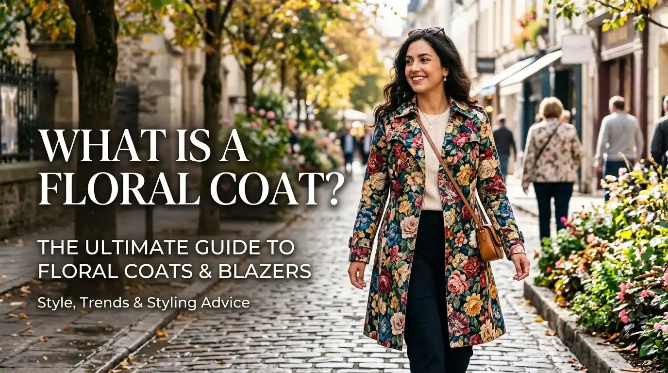 Banner for a floral outerwear guide featuring a woman walking down a European cobblestone street wearing a vibrant tapestry-style floral trench coat.