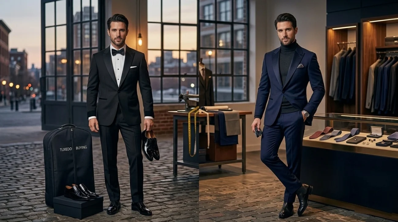 A two-part composite image. On the left, a man in a formal black tuxedo stands on a cobblestone street with a large garment bag and patent shoes. On the right, the same man in a dark blue tuxedo jacket and turtleneck leans inside a high-end menswear boutique.