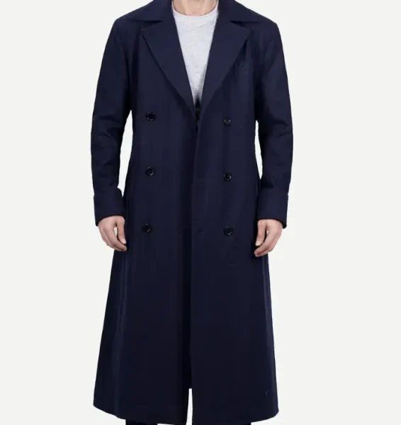 Men's Blue Aaron Double Breasted Long Wool Coat